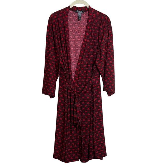 René Rofé Sleepwear Womens Robe 1X Red Black Heart Print Belted 3/4 Sleeve - Picture 1 of 7